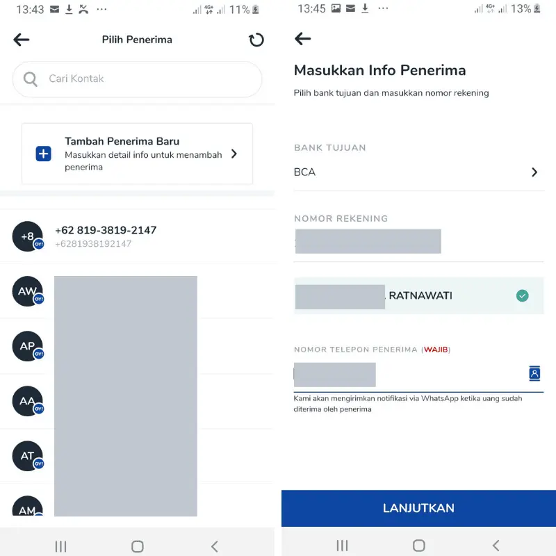Buat rekening tujuan