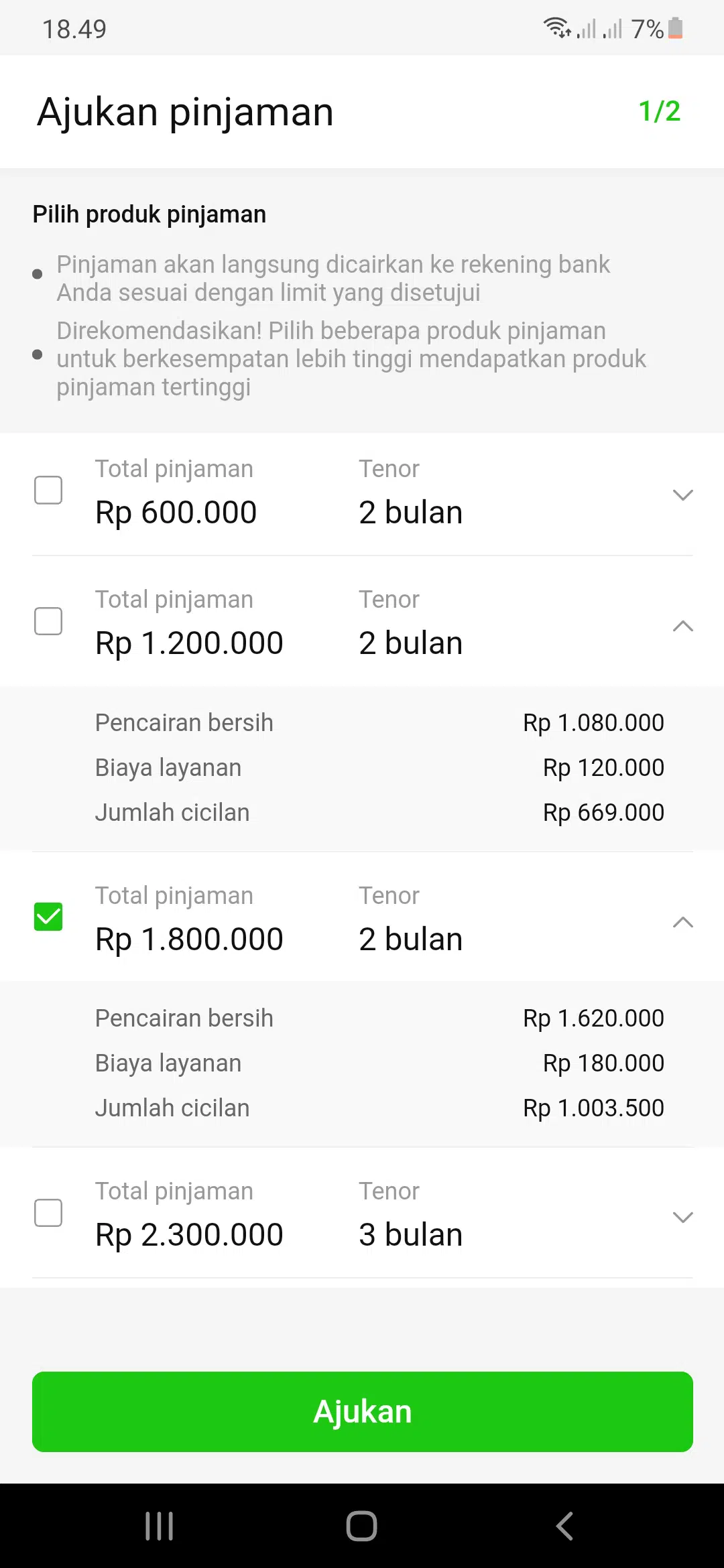 Plafon Tenor Disetujui, Tabel Angsuran
