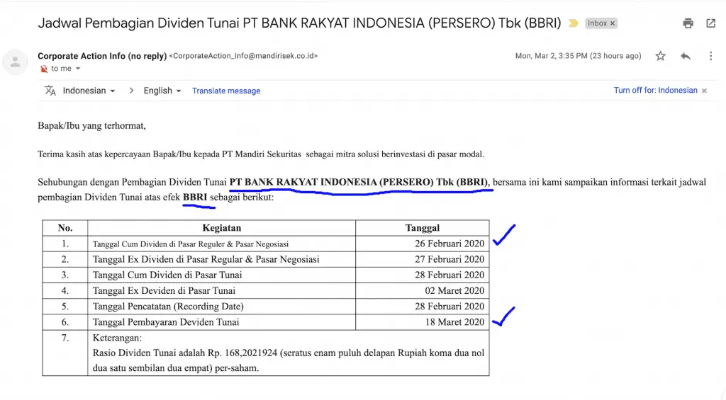 Jadwal Dividen Tunai BBRI 2020