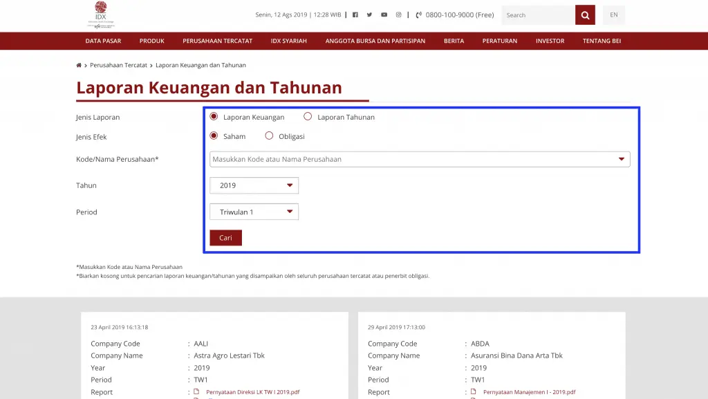 Pencarian Laporan Keuangan di Bursa