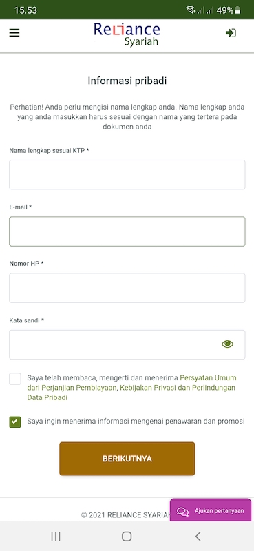 Aplikasi Reliance Syariah Informasi Pribadi