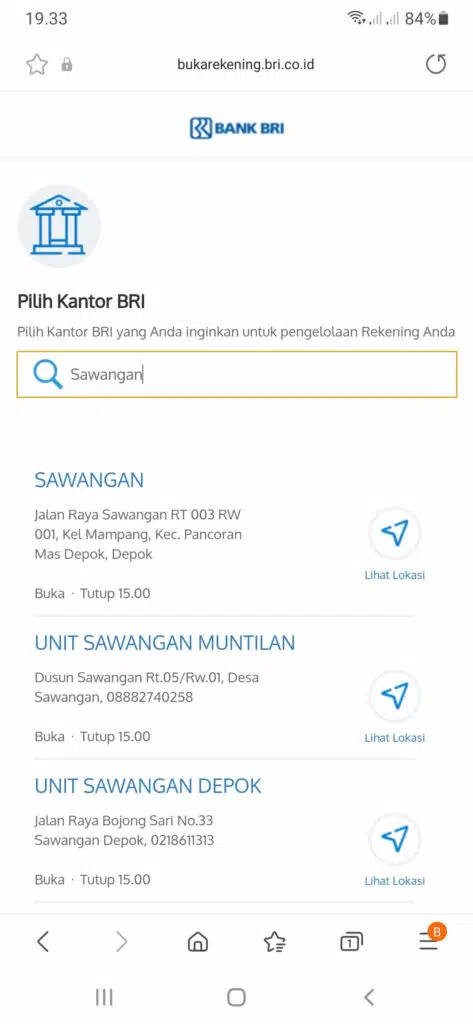 pilih kantor BRI