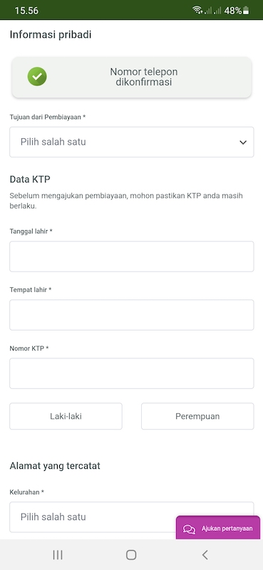 Nasabah diminta untuk mengisi Tujuan Pembiayaan dan Data KTP. Aplikasi Reliance Syariah.