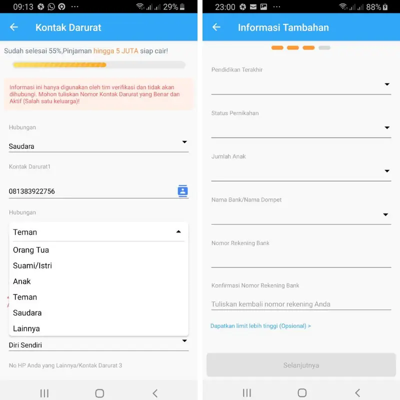 kontak darurat dan rekening bank