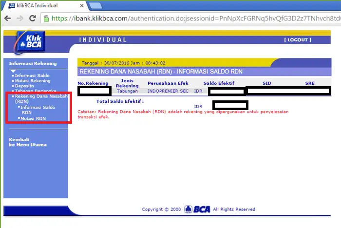 tampilan rekening RDI di KLIK BCA