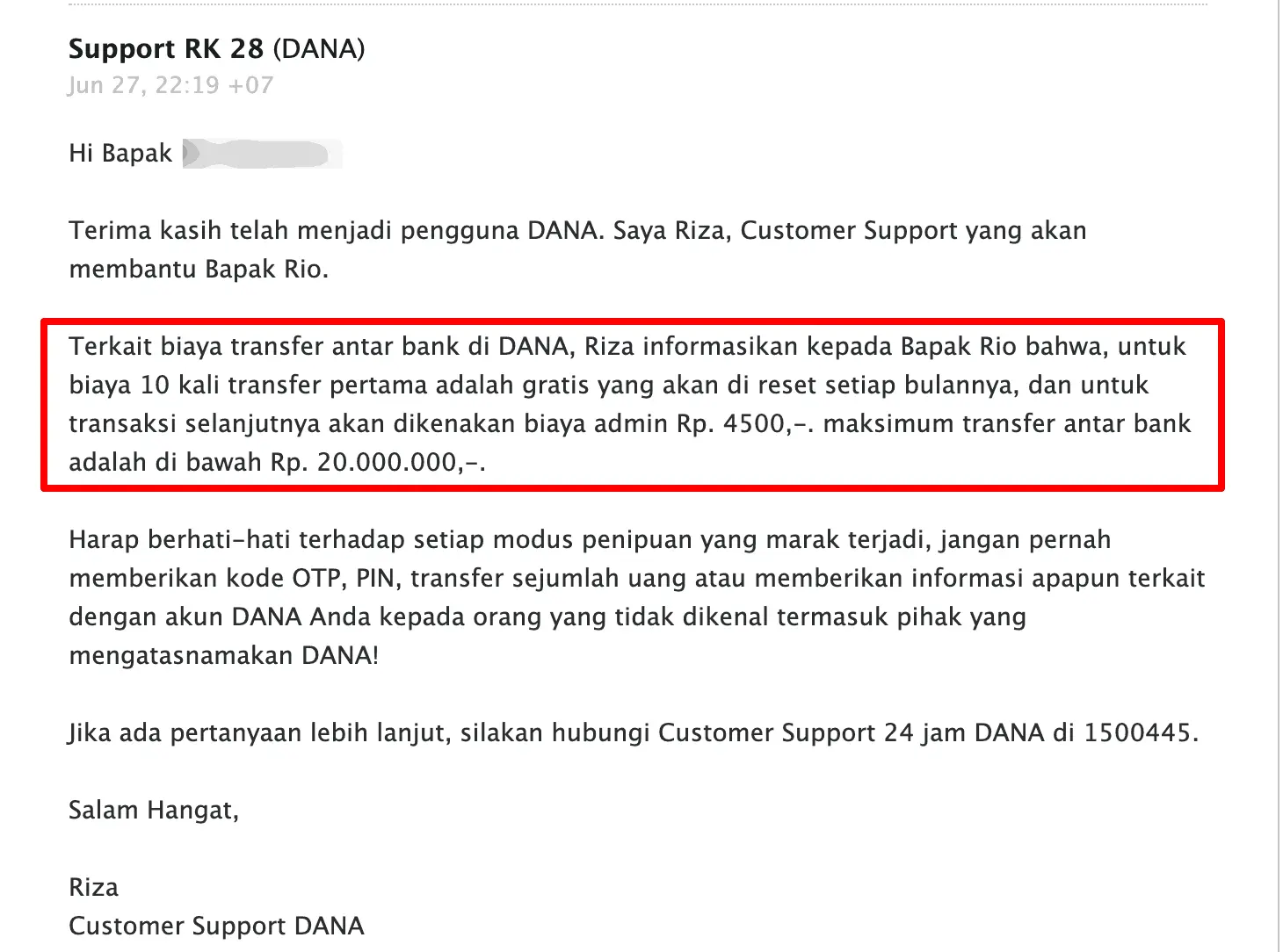 Biaya Transfer Bank DANA