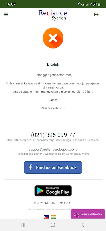 Aplikasi memberikan hasil keputusan atas pengajuan pinjaman di Reliance Syariah.