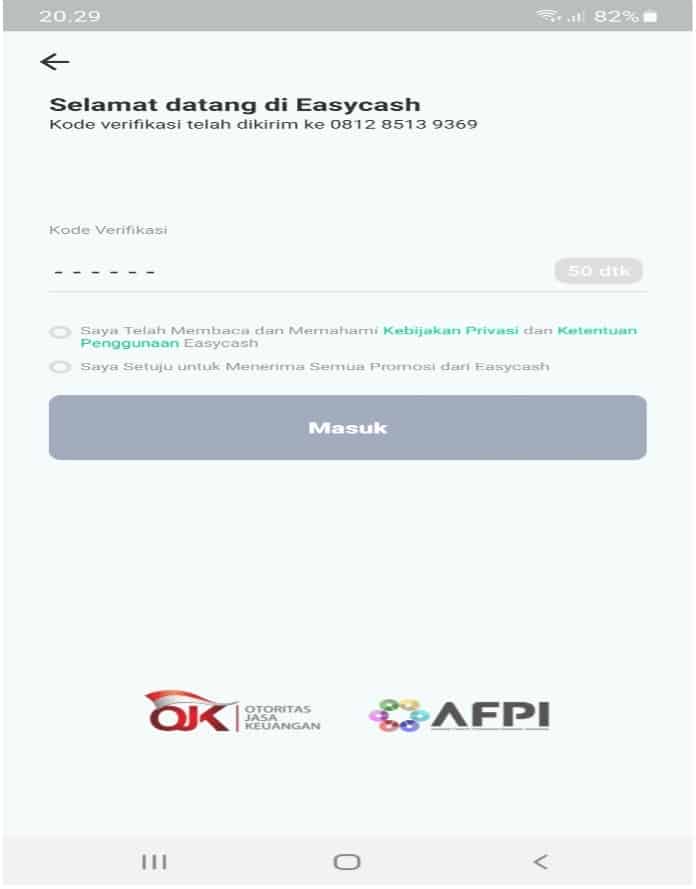 Proses Verifikasi OTP Easycash Aplikasi Pinjaman