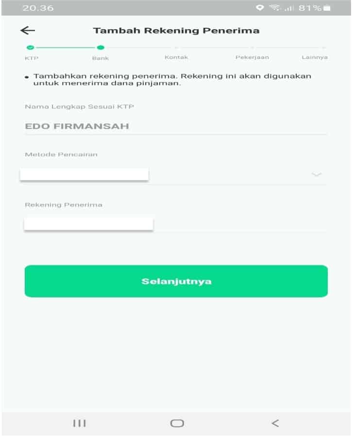 Proses pengisian Rekening Bank Pencairan Pinjaman