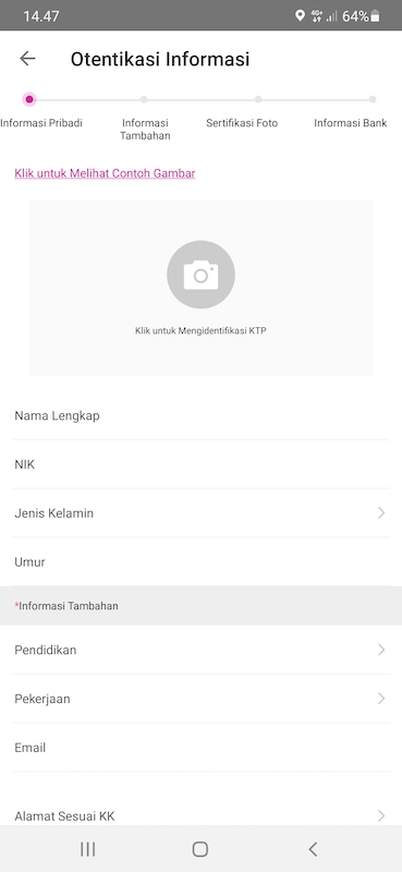 Isi data informasi pribadi termasuk foto ktp di aplikasi KlikKami