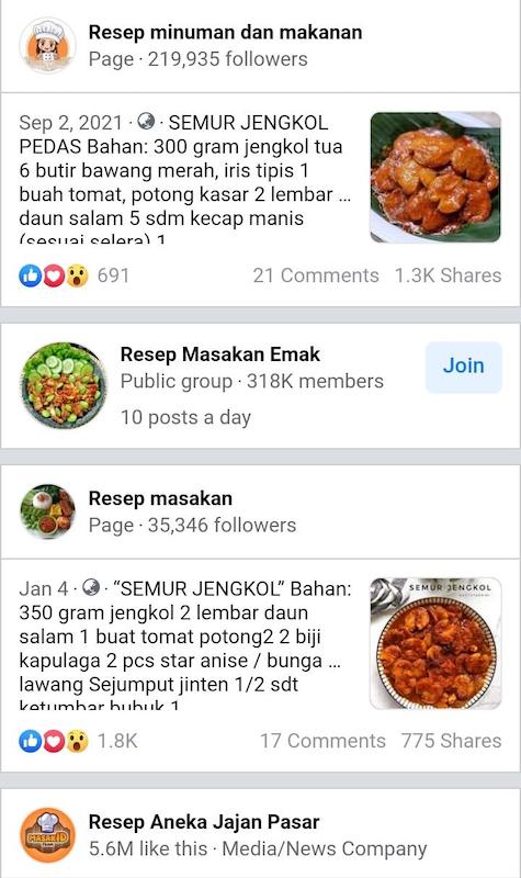 Misalnya, keyword “semur jengkol” disini memiliki jumlah pencarian yang tinggi dan jenis postingan yang menarik banyak perhatian yaitu resep semur jengkol.