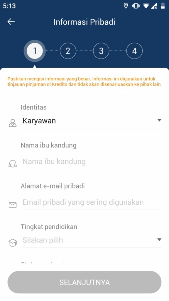 Isi data pribadi Kredito 2.1