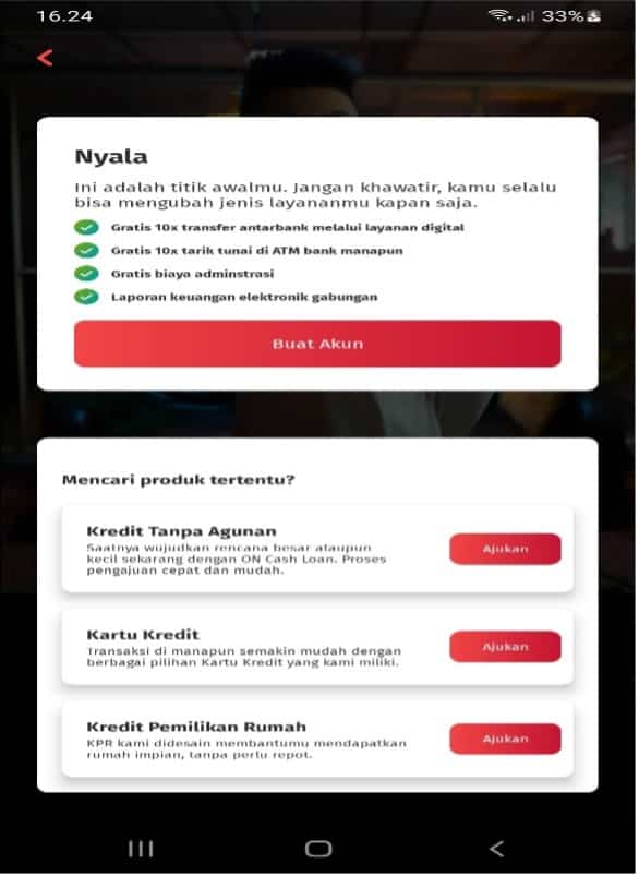 Aplikasi One Mobile menanyakan pilihan aktivitas perbankan yang nasabah ingin lakukan di aplikasi.