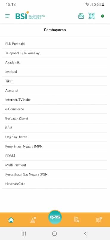 Fitur ini memudahkan nasabah untuk melakukan berbagai macam transaksi pembayaran seperti: PLN pascabayar; Layanan Internet dan TV kabel, seperti Indihome, MNC/Indo/Oke Vision, Transvision, MNC Play, CBN, Net1, dan My Republic; Biaya akademik/pendidikan, contohnya pembayaran Uang Kuliah Tunggal (UKT); Institusi; Tiket; Asuransi; E-Commerce; BPJS; PDAM; Haji dan Umrah; Penerimaan Negara (MPN); Multipayment; Perusahaan Gas Negara (PGN); dan Hasanah Card.