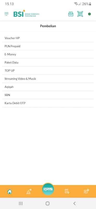 Menu pembelian menawarkan berbagai fasilitas transaksi bagi nasabahnya, yakni meliputi jenis pembelian: Voucher HP; Token listrik; E-money; Paket data; Top up; Layanan streaming video dan musik; Keperluan aqiqah, yakni pembelian kambing; Kartu debit OTP; dan Voucher Google Play.