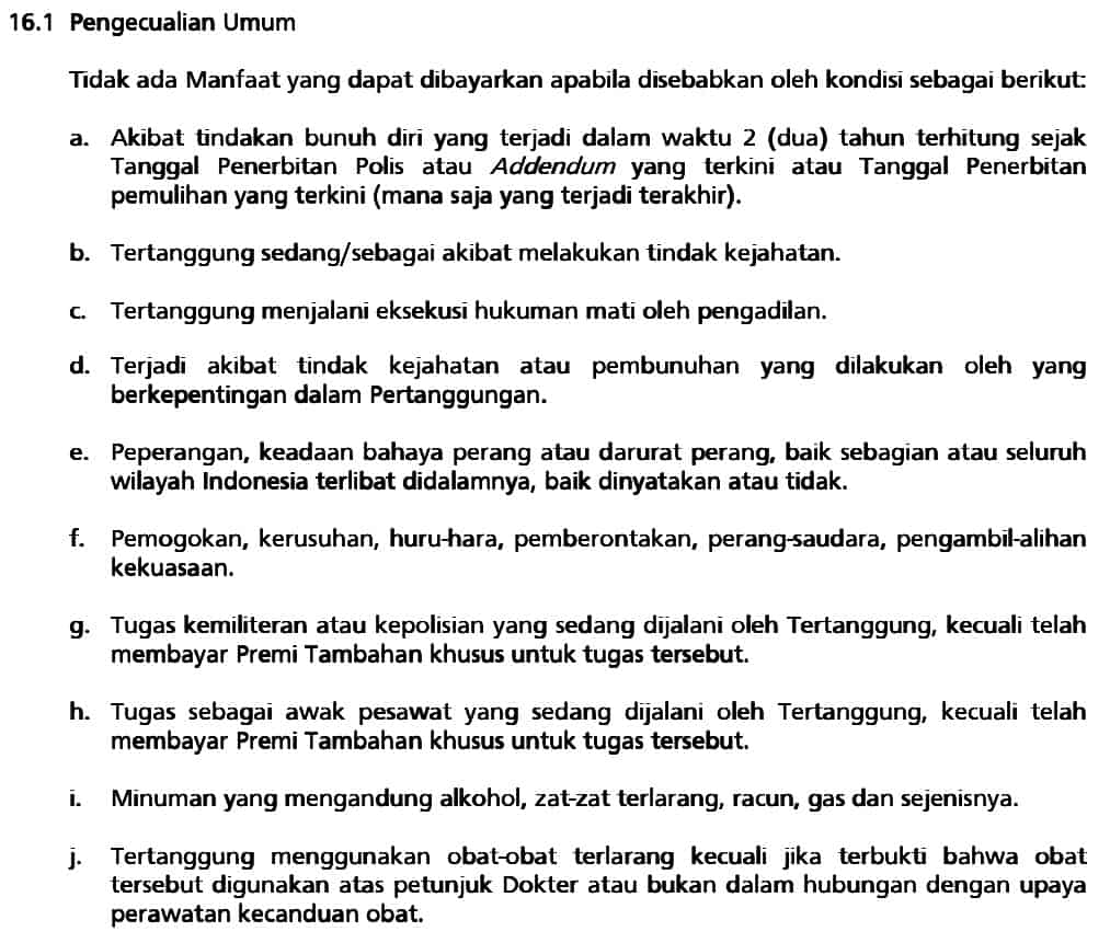 Pengecualian Umum Polis Asuransi Penyakit Kritis