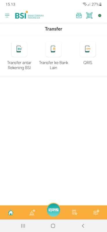 Menu transfer memfasilitasi pengguna untuk mengirim uang antar rekening BSI atau rekening bank lain baik transfer online maupun transfer Sistem Kliring Nasional (SKN). Selain itu, BSI juga mendukung transaksi via QRIS.