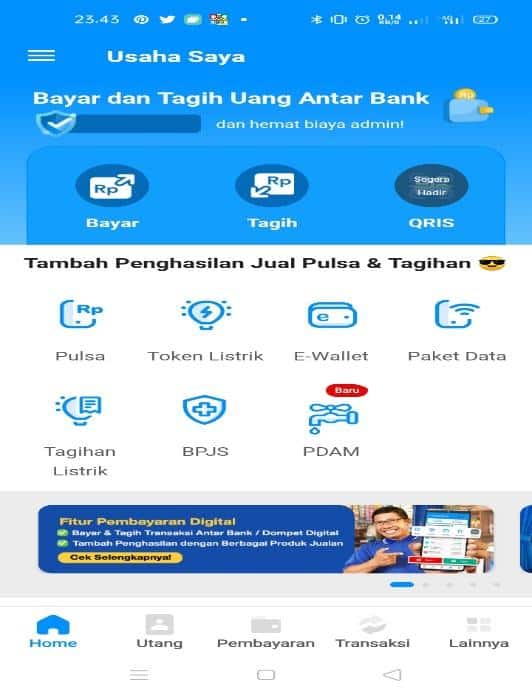 Di tahap ini kamu akan disuguhkan dengan halaman utama aplikasi BukuWarung yang mengusung warna biru dan putih untuk desain interface nya.