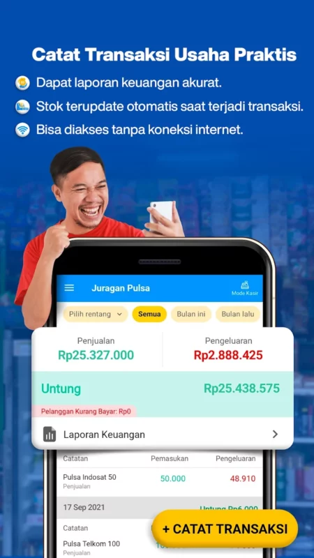 Fitur unggulan yang pertama adalah Catat transaksi. Di fitur ini pengguna bisa mencatat segala bentuk transaksi pemasukan serta penjualan.