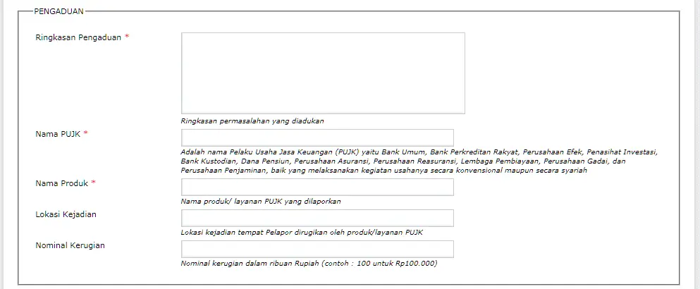 Form Pengaduan OJK Ringkasan Pengaduan