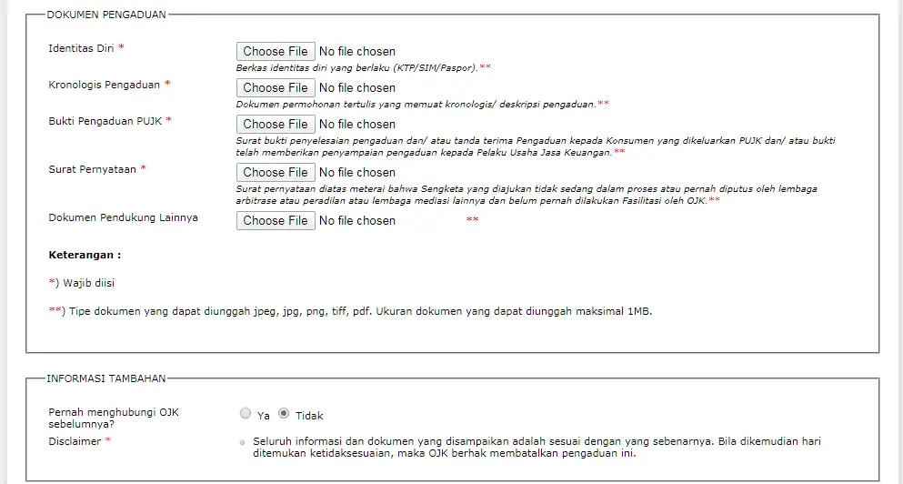 Form Pengaduan OJK Dokumen Pengaduan