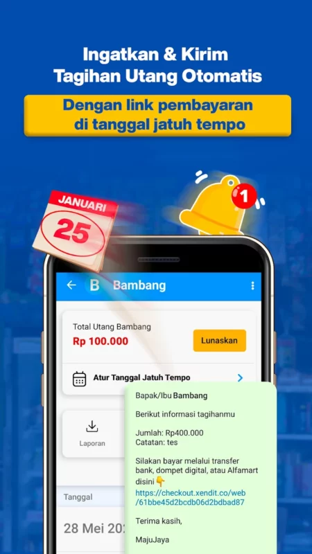 Di BukuWarung bisa menagih utang dengan mudah hanya dengan cara mengirimkan pengingat lewat WhatsApp.Dapat mengatur tempo dengan tujuan untuk menghindari kelupaan dini terhadap hutang pelanggan.