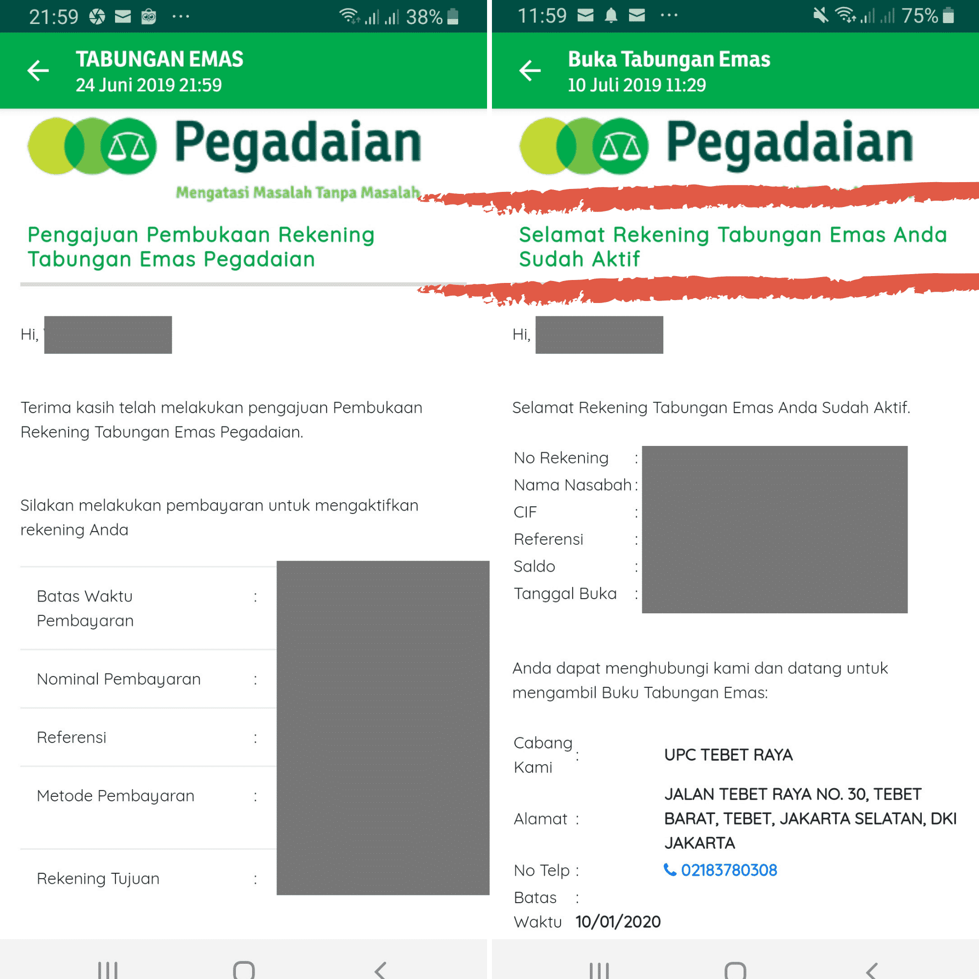 Pemberitahuan Tabungan emas sudah aktif