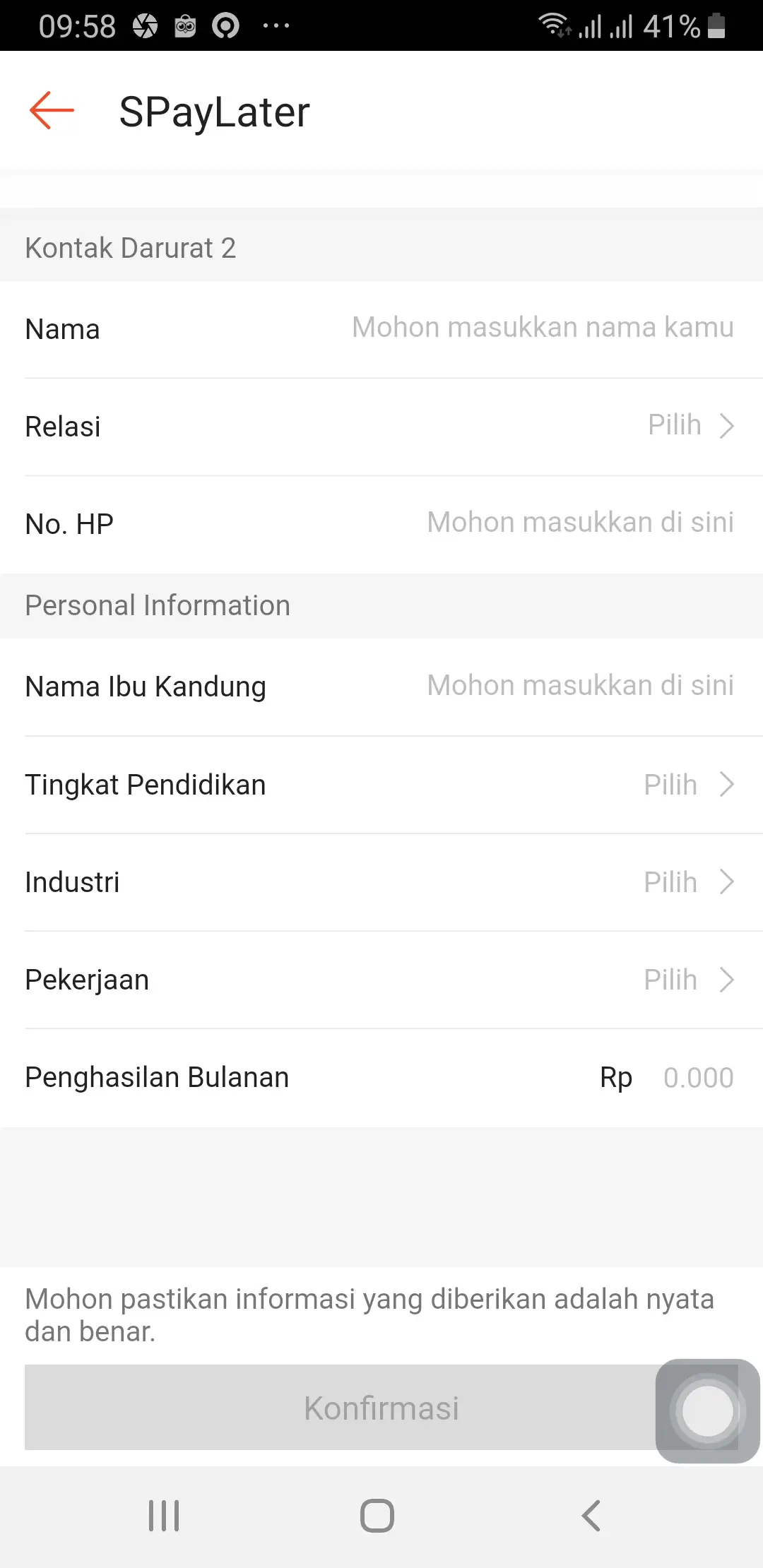 Isi Data Gaji dan Nama Ibu Kandung