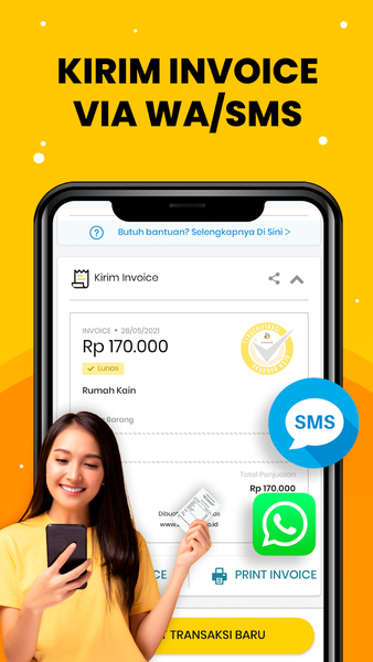Kita bisa kirim invoice digital via WhatsApp / SMS ke pelanggan atau koneksikan aplikasi BukuKas ke Printer Bluetooth untuk cetak struk.