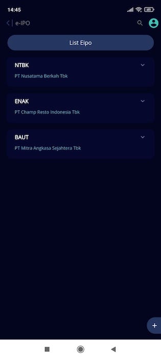 Setelah memilih pesan e-IPO, kita akan mendapatkan daftar saham yang akan melakukan IPO.